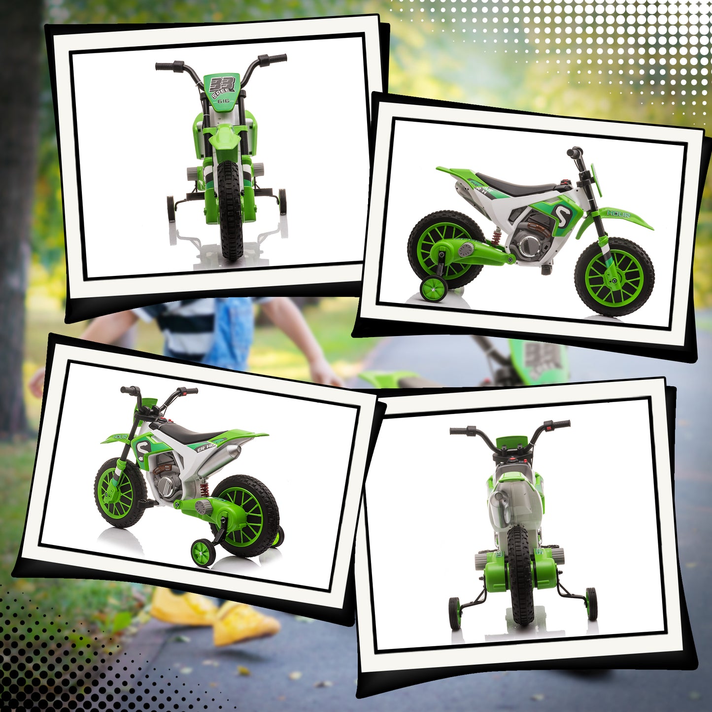 HOMCOM Kindermotorrad, Elektromotorrad, 45 Min Fahrzeit, mit Stützrädern, ab 3 Jahren, grün+weiß, 106,5 x 51,5 x 68cm