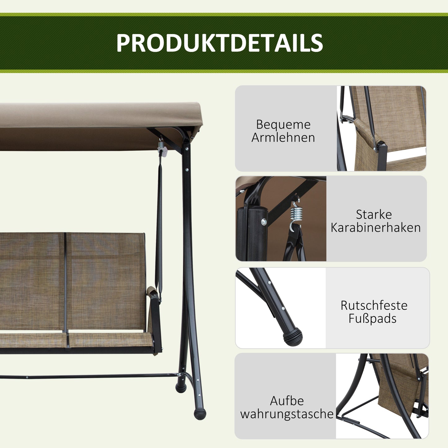 Outsunny 3-Sitzer Hollywoodschaukel, Gartenschaukel mit Sonnendach, Schaukelbank mit Ablage, Aluminium, 196 x 128 x 172 cm, Braun