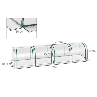 Outsunny Tunnelgewächshaus, 4 Fenster mit Reißverschluss, Stahlrahmen, robuste Plane, transparent, 395 x 100 x 80cm