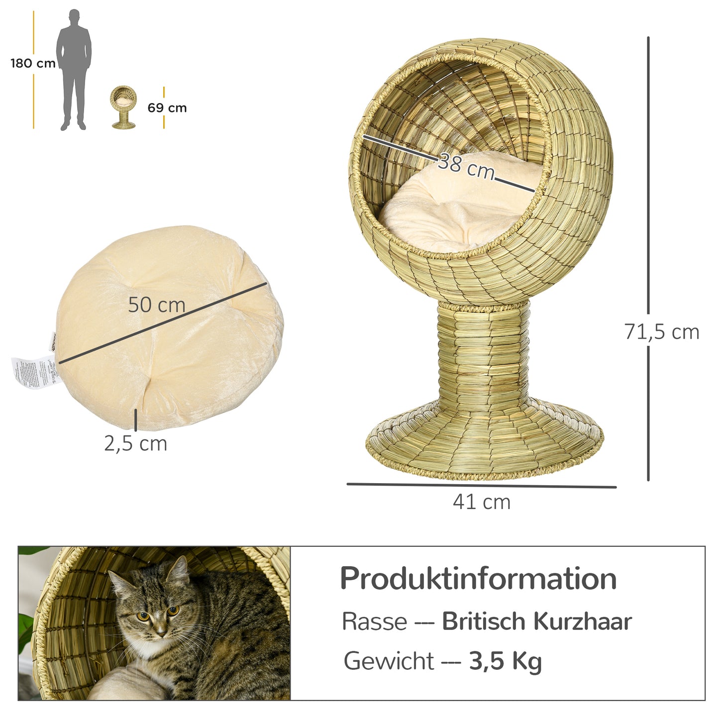 PawHut Katzenhöhle aus Seegras, 2-teilig, flexibel positionierbar, 41 cm x 41 cm x 71,5 cm, Natur