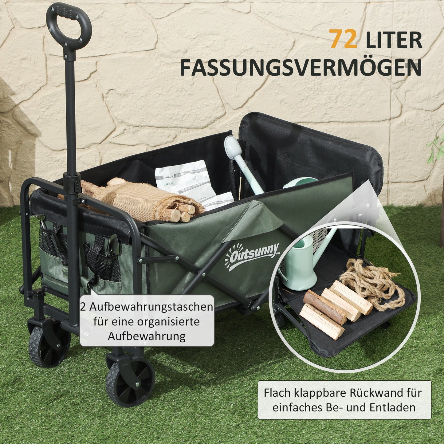 Outsunny Gartenwagen 90 kg belastbar, klappbar Transportwagen mit herausnehmbare Plane, Griff, Rädern 72 Liter Grün