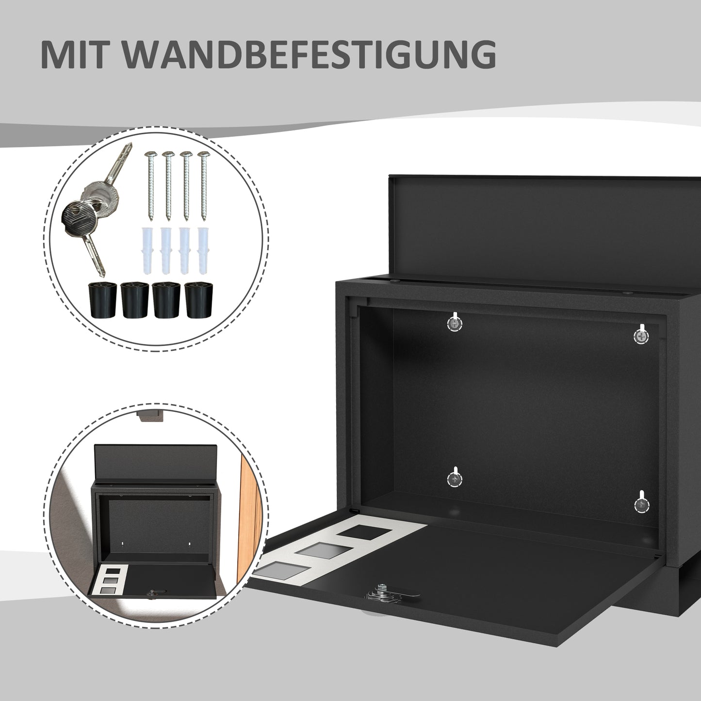 HOMCOM Briefkasten Metallbriefkasten, modern, abschließbar, 36,5 x 11,5 x 29 cm, Schwarz