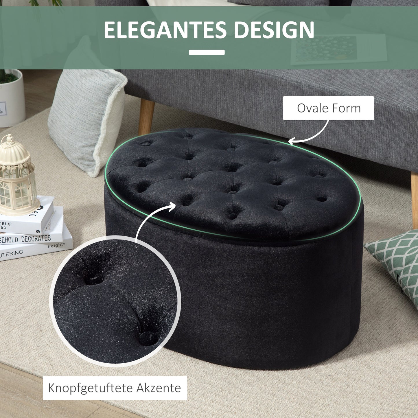 HOMCOM Sitzbank mit Stauraum Polsterbank mit Samtoptik, Sitztruhe Ovale Form, Truhenbank für Wohnzimmer Schlafzimmer Flur 71 x 52 x 42 cm, Schwarz