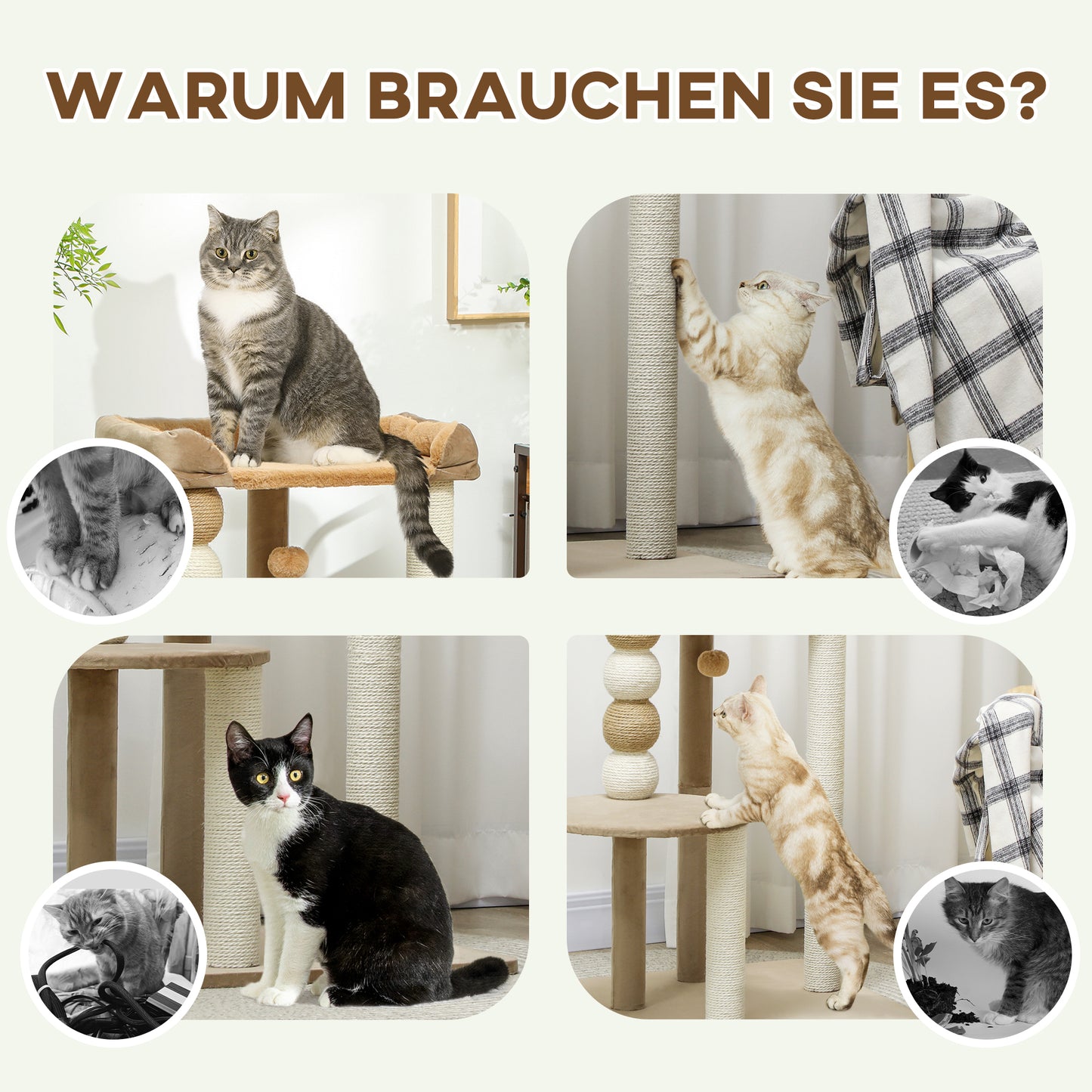 PawHut Kratzbaum mit 2 Etagen, Spielball, Kratzstämmen, Kratzkugeln, bis 7 kg, 56 x 54 x 86 cm, Braun