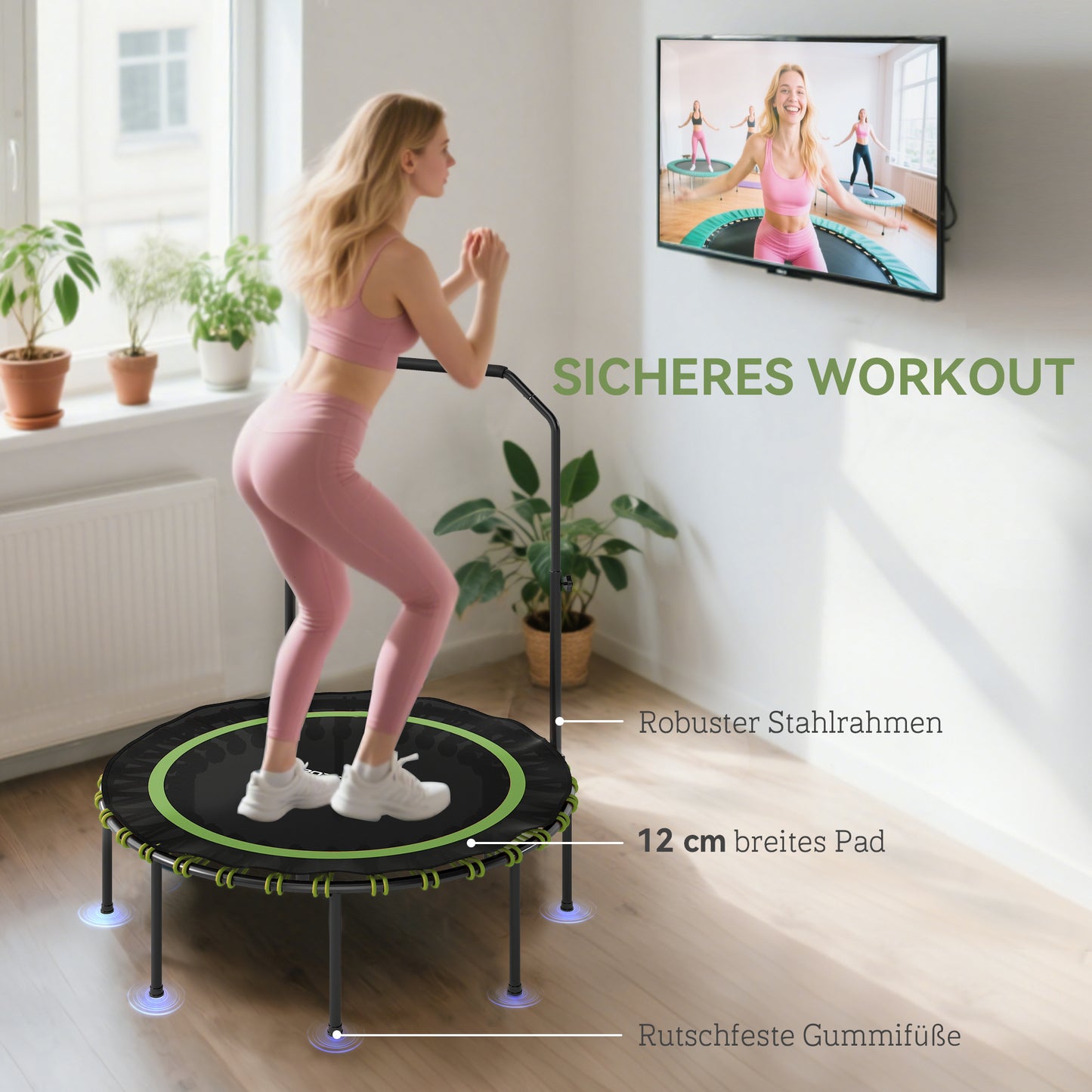 SPORTNOW Fitness-Trampolin mit verstellbarem Handlauf, Sport-Trampolin für drinnen und draußen, Stahl, Kunststoff, Grün