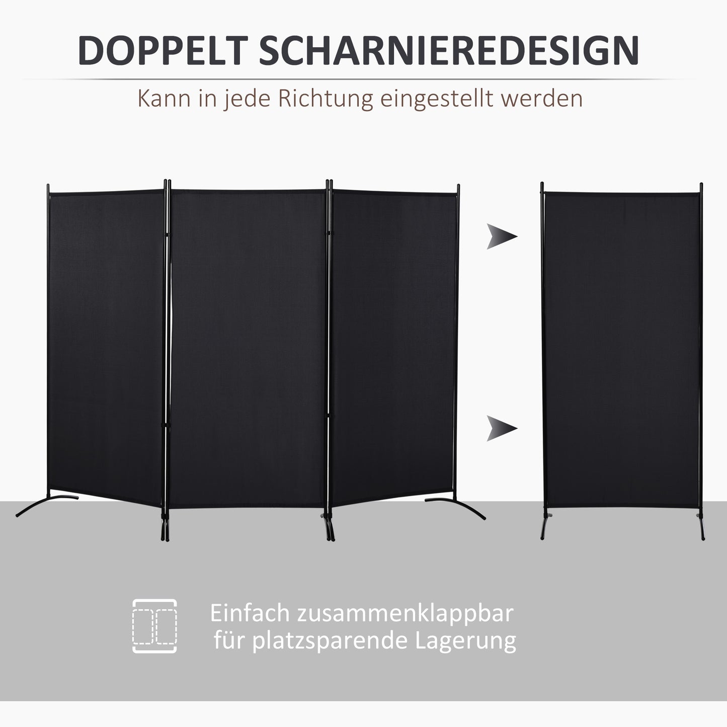 HOMCOM Raumteiler, 3-teiliger Sichtschutz, Raumtrenner mit Metallrahmen, Schwarz
