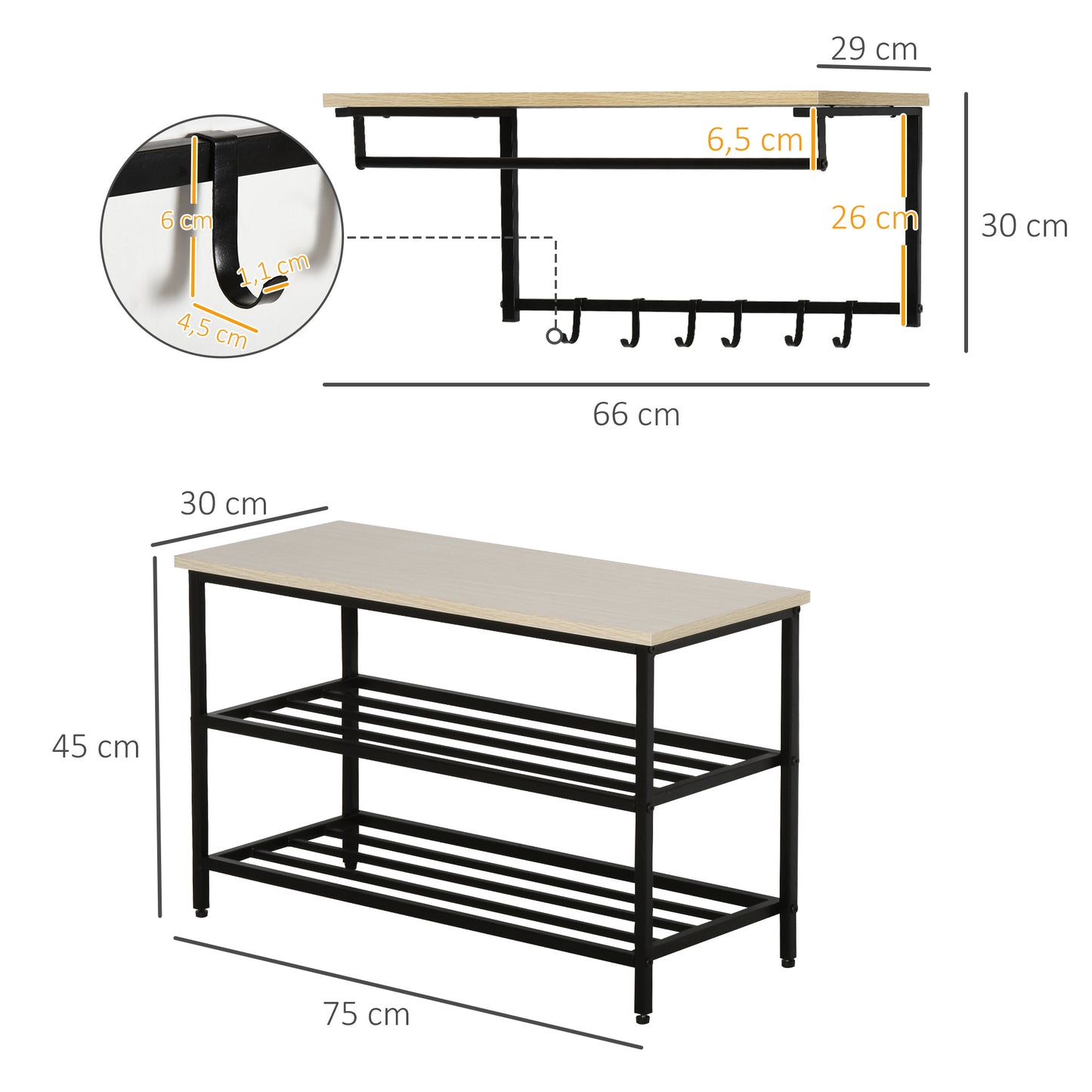 HOMCOM 2-in-1 Garderobenset Flurgaderobe mit Sitzbank Wandgarderobe für Eingangsbereich، 6 Haken، Natur+Schwarz، 75 × 30 × 45 سم (Sitzbank)