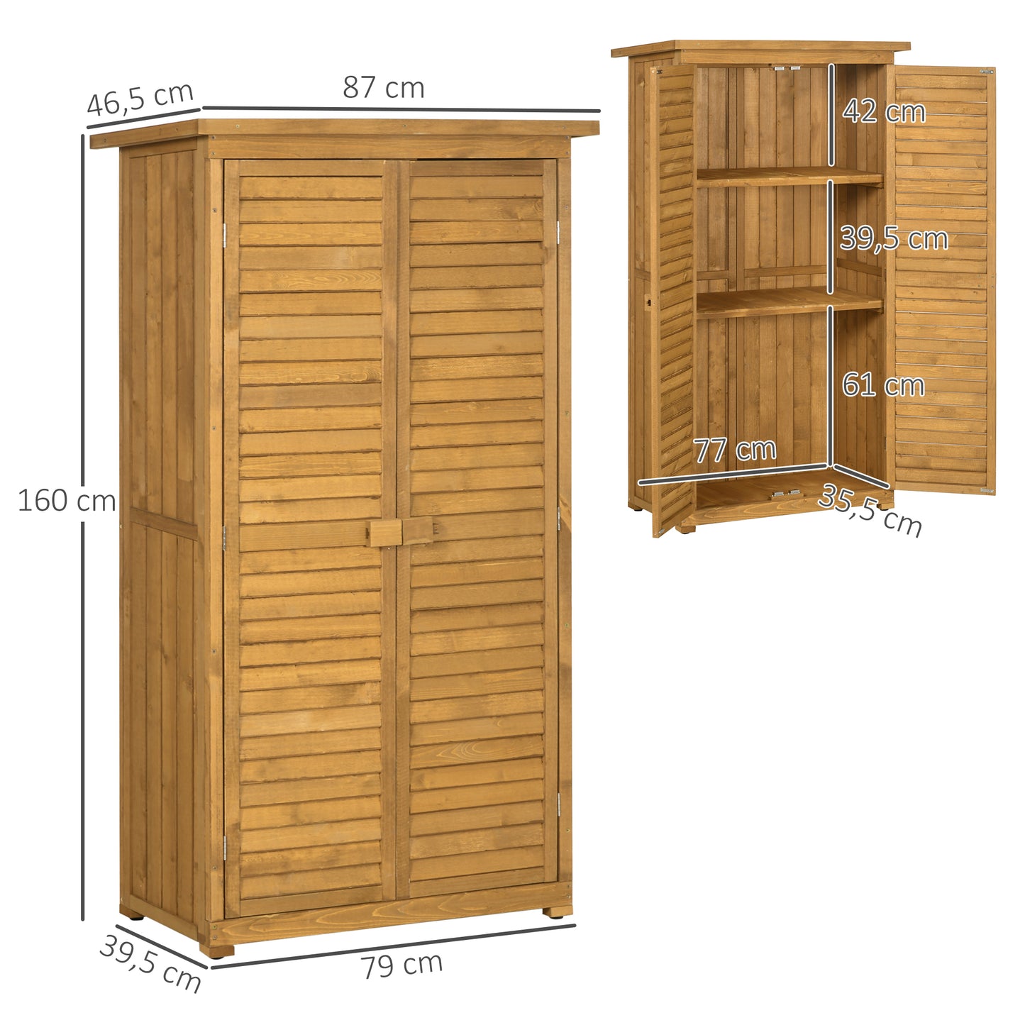 Outsunny Geräteschuppen mit Lamellentüren 3 Regale wetterbeständig 87 cm x 46,5 cm x 160 cm Tannenholz Braun