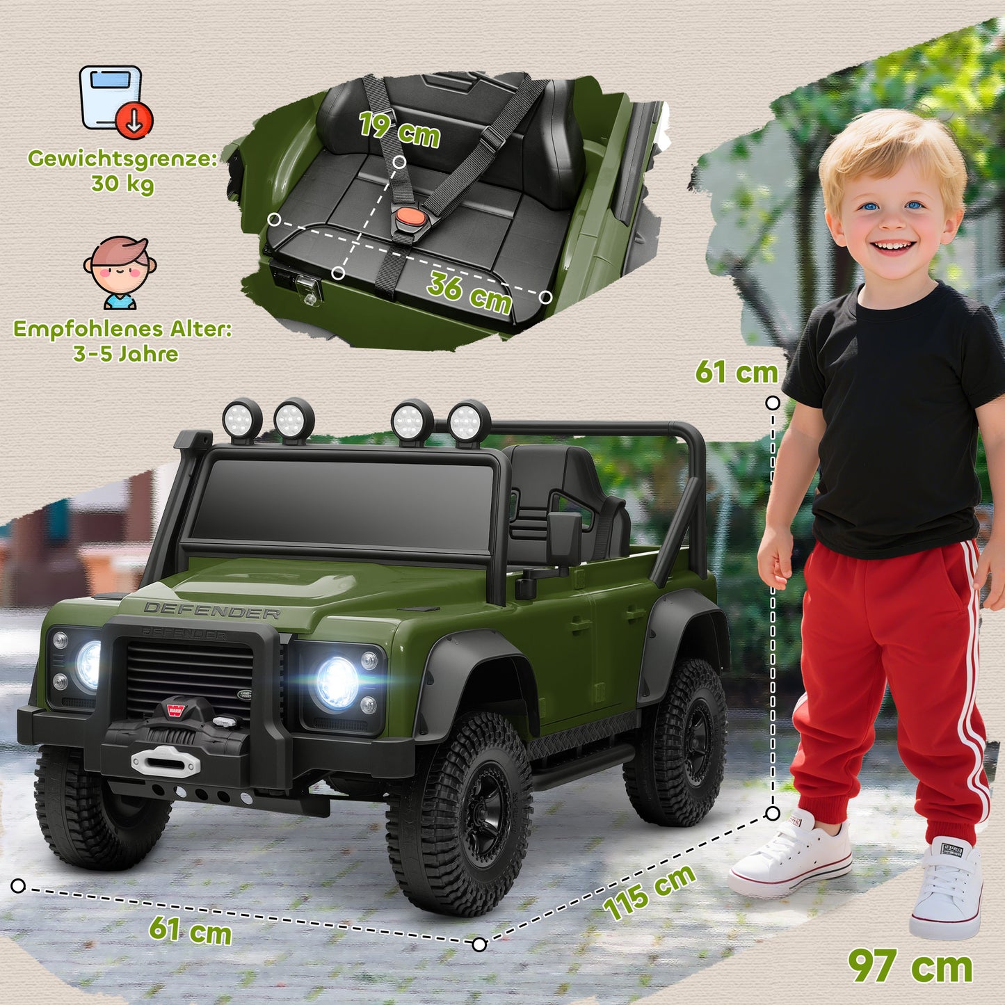 AIYAPLAY Kinder-Elektroauto, 12V Batterie-Betrieb, Fernbedienung, Musik-Funktion, Hupe, LED-Lichter, Grün