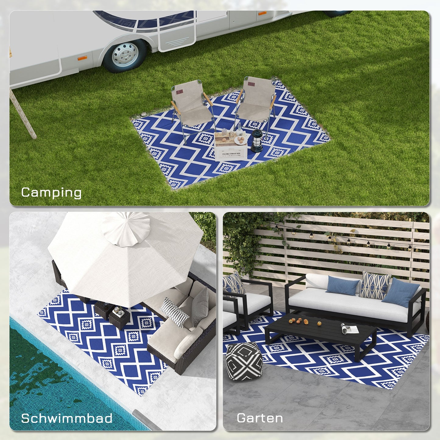 Outsunny Outdoorteppich Terrassenteppich، wetterbeständig، تصميم عصري، 182 سم × 274 سم × 0,3 سم، Blau + Weiß