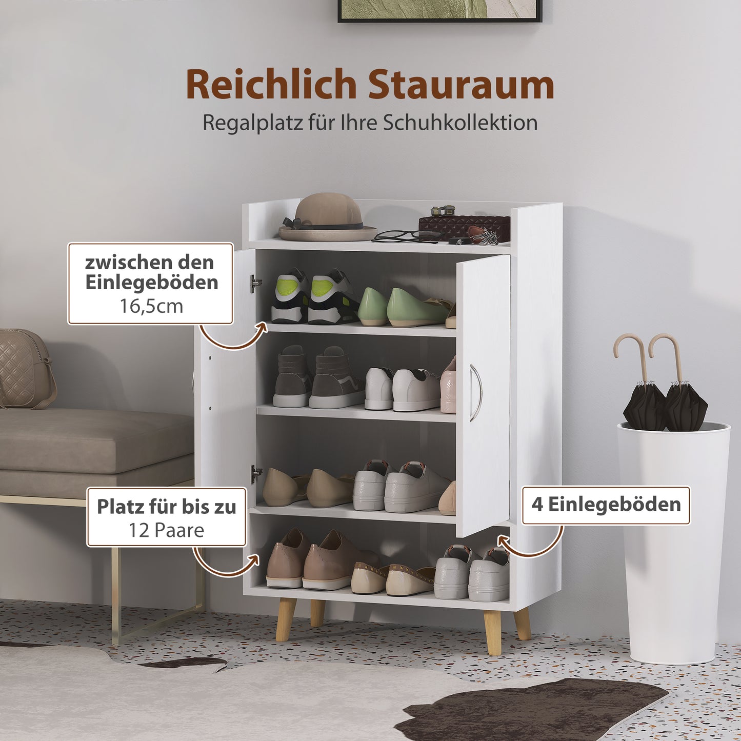 HOMCOM Schuhschrank, Schuhregal mit Türen und Regalen, für Flur, moderne Schuhkommode, Schuhablagen, 60 x 30 x 92 cm, Weiß