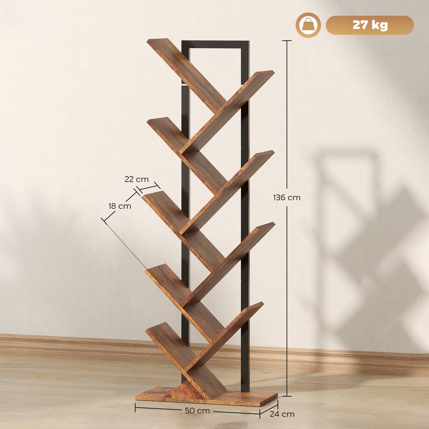HOMCOM Bücherregal Standregal mit 9 Ebenen Schmal Regal im Baumform für Büro, Rustikal Braun