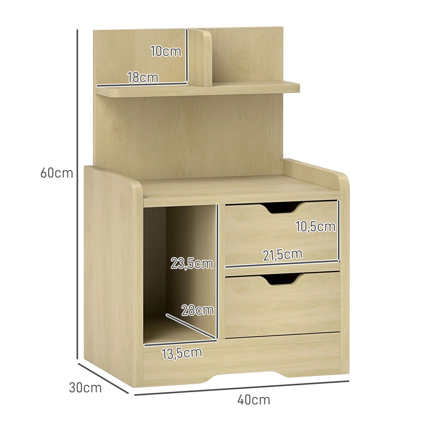 HOMCOM Nachttisch mit 2 Schubladen, offener Ablage, 40x30x60 cm, Holzdekor