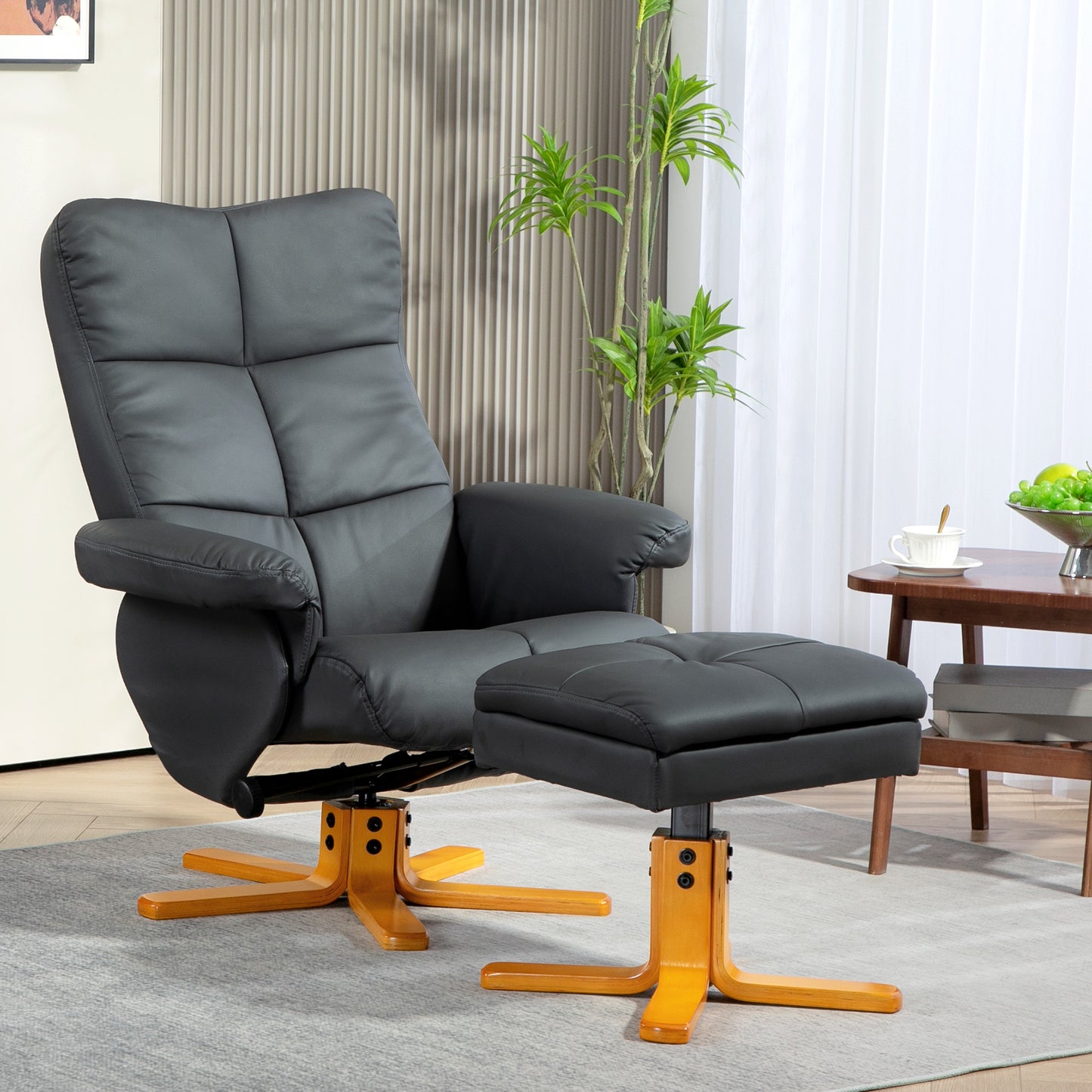HOMCOM Relaxsessel mit Hocker, 145° neigbare Rückenlehne, 360° drehbar, Kunstleder, Dunkelgrau