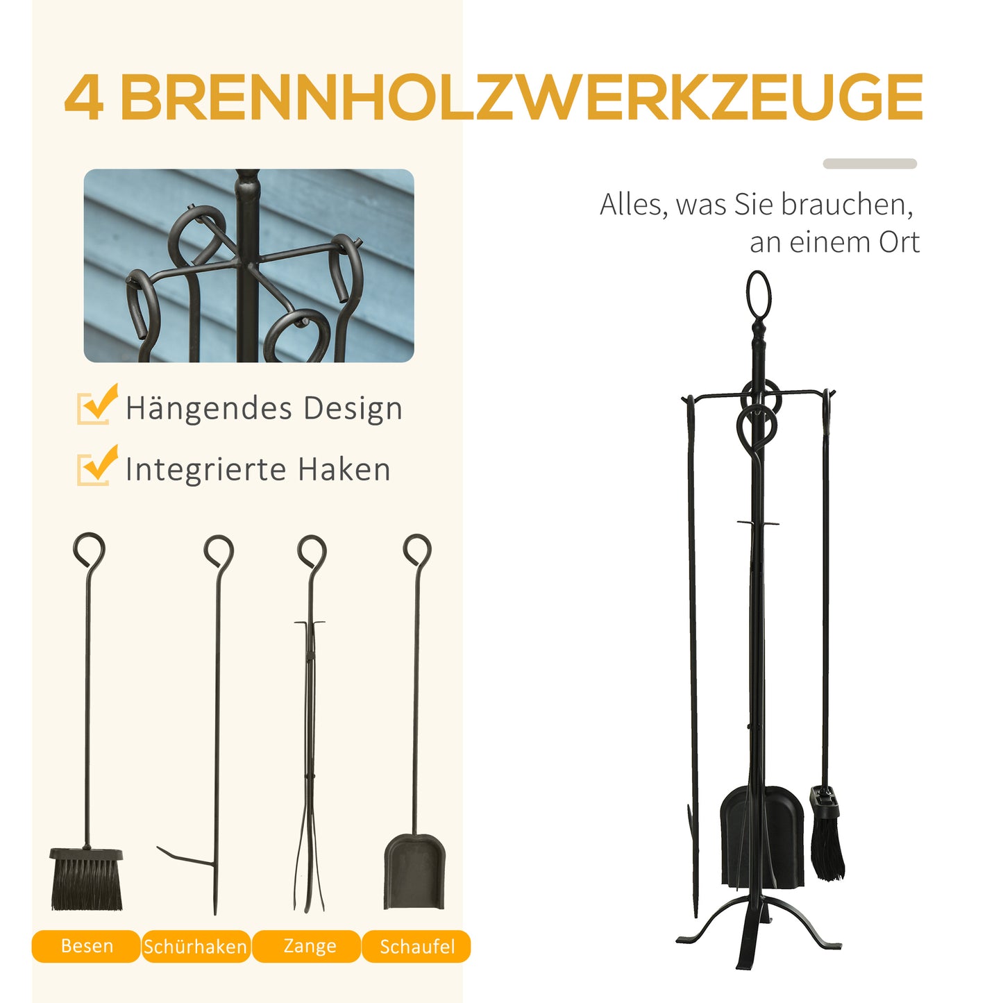 Outsunny 5-teiliges Kamingarnitur Kamin Garnitur Set Kaminbesteck innen Kamin Zubehör Kaminofen Besteck Schmiedeeisen Besteck Werkzeuge Metall Schwarz 20 x 20 x 82,5 cm