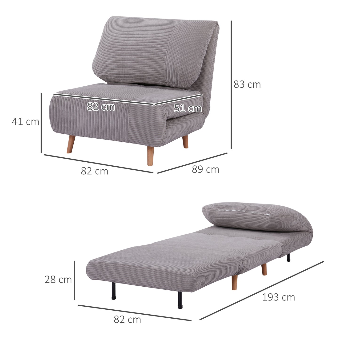 HOMCOM 2-in-1 Schlafsessel Gästebett, bis 200 kg, verstellbare Kopfstütze Cord-Optik 82 cm x 8 cm x 83 cm Grau