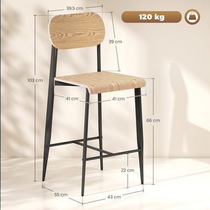 HOMCOM 2er-Set Barhocker, Barstühle mit Rückenlehne und Metallgestell, Holz, Hellbraun
