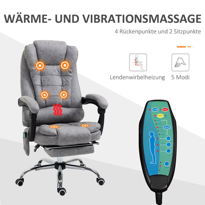 Vinsetto Bürostuhl mit Massagefunktion, Ergonomischer Schreibtischstuhl mit Liege- & Wärmefunktion, Fernbedienung, Grau