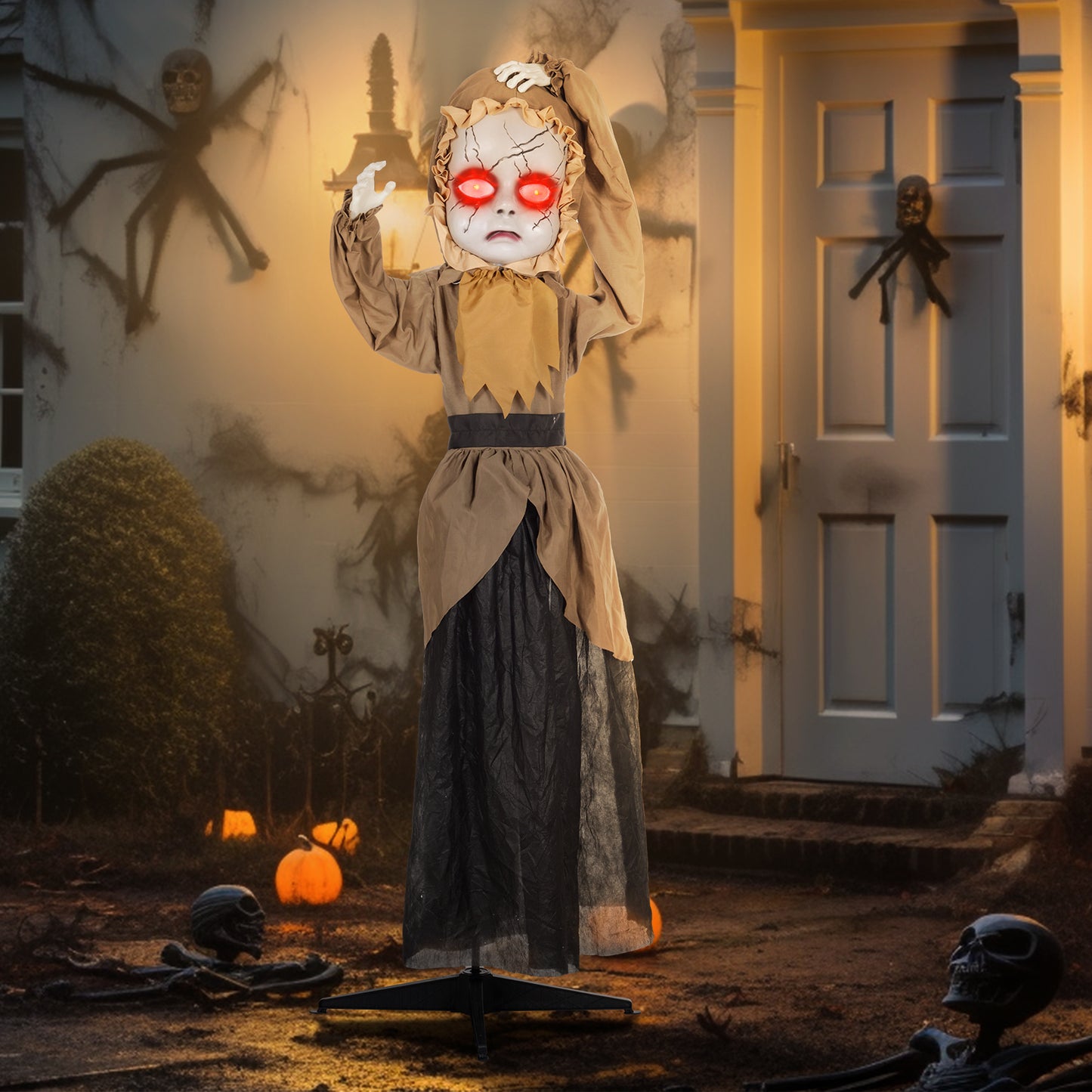HOMCOM Grusel-Puppe Halloween-Dekoration, beweglicher Kopf, rote Augen, Batteriebetrieb