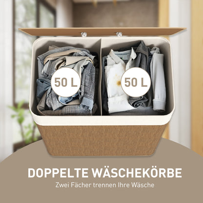 HOMCOM Bambus Wäschekorb mit Deckel 2 Fächer 100 L Wäschesammler mit Seilgriffen, herausnehmbarer Wäschesack