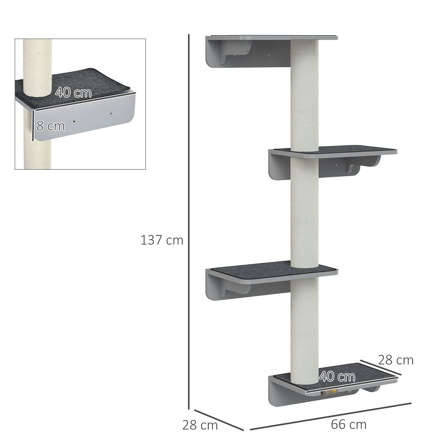 PawHut Wandkratzbaum Katzen-Kletterwand Kratzbaum Katzenmöbel für die Wand Kletterspaß für Katzen Wandmontage Holz Hellgrau+Beige 66 x 28 x 137 cm