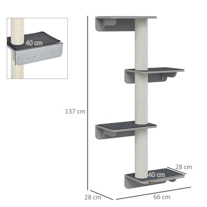 PawHut Wandkratzbaum Katzen-Kletterwand Kratzbaum Katzenmöbel für die Wand Kletterspaß für Katzen Wandmontage Holz Hellgrau+Beige 66 x 28 x 137 cm