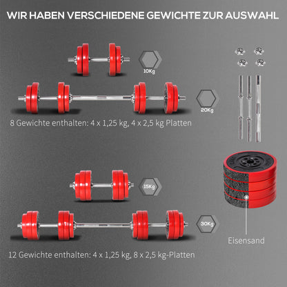 HOMCOM Hantelset 20/30KGS 2-IN-1 Hanteln&Langhanteln verstellbar Gewichtheben für Zuhause Fitness Muskel Rot+Schwarz 21,5 x 21,5 x 3,8 cm