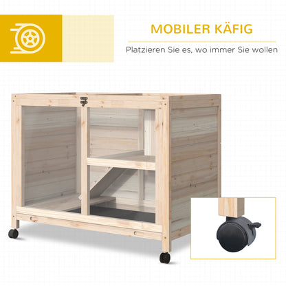 PawHut Kleintierstall mit 2 Ebenen 4 Rollen versigeltes Tannenholz Natur