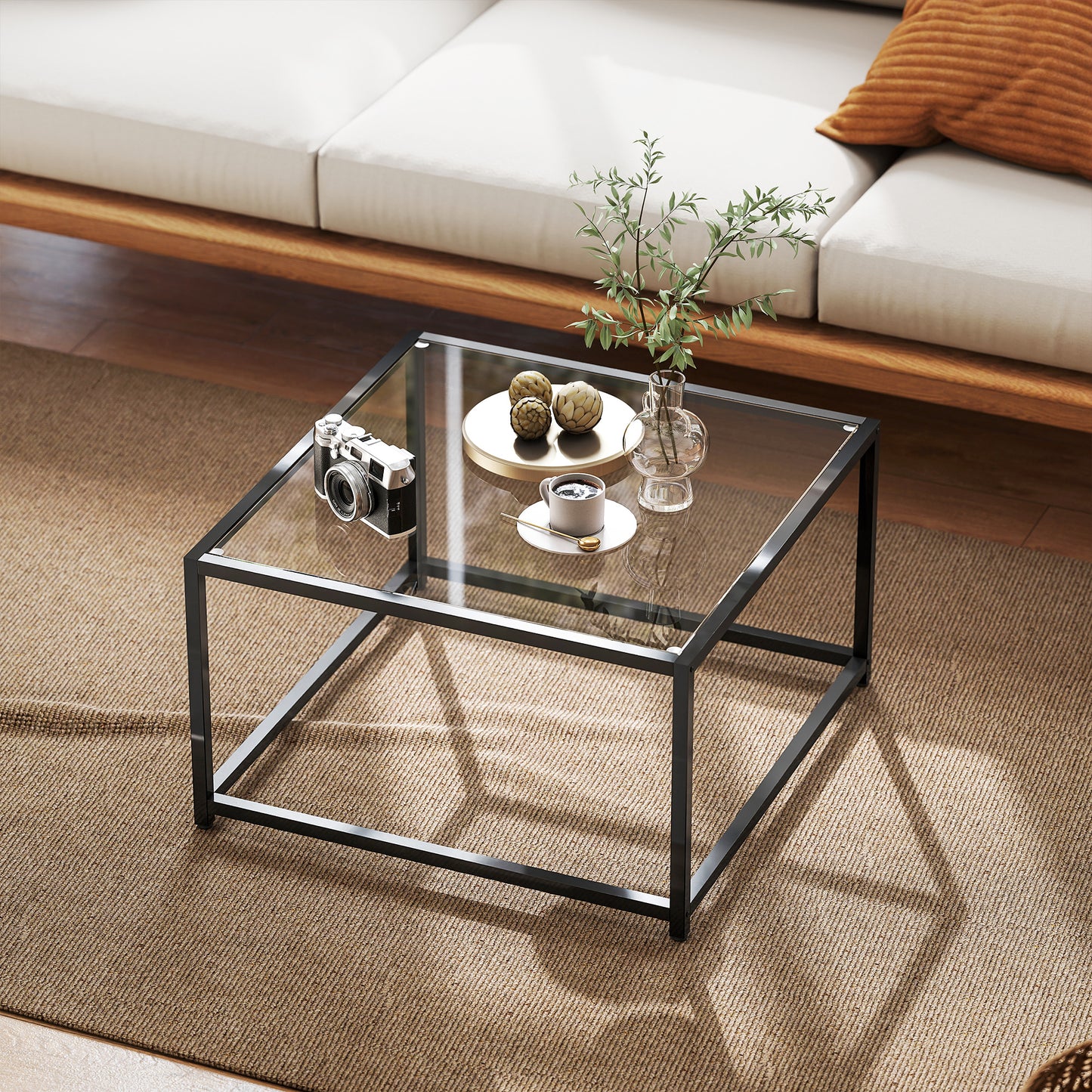 HOMCOM Beistelltisch Quadratisch Nachttisch mit Hartglas-Tischplatte, Couchtisch mit Beinen aus Stahl 68 x 68 x 39 cm Schwarz