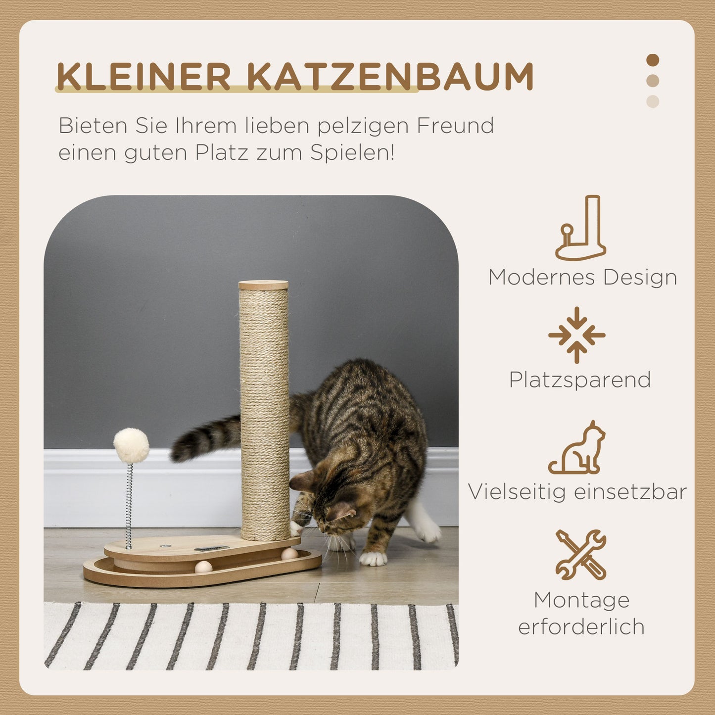 HOMCOM Kratzbaum für Kitten inkl. Spielzeug, Kugelbahn, Kugel mit Feder, 35 cm x 23 cm x 40 cm, Natur
