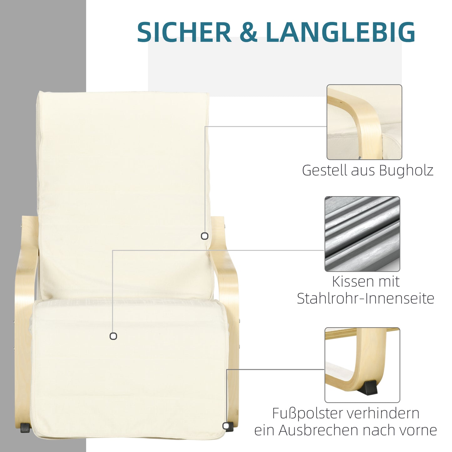 HOMCOM Liegestuhl mit Auflage, 5-stufige Fußstütze, Birkenholz, bis 120 kg, 66,5 x 94 x 100 cm, Cremeweiß
