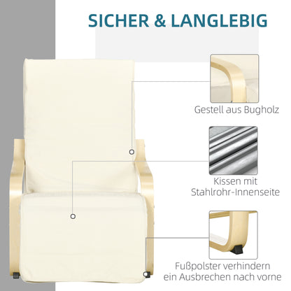 HOMCOM Liegestuhl mit Auflage, 5-stufige Fußstütze, Birkenholz, bis 120 kg, 66,5 x 94 x 100 cm, Cremeweiß
