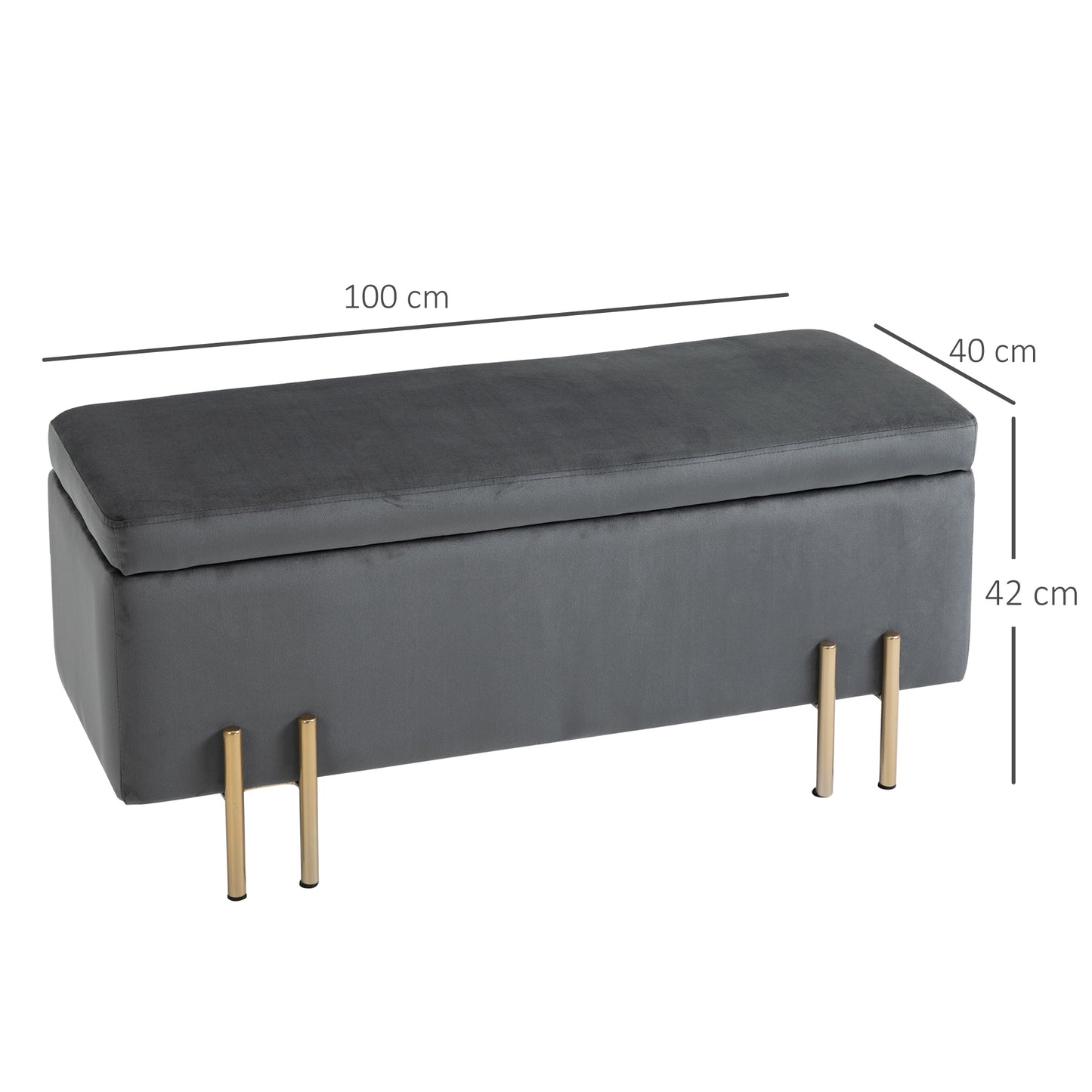 HOMCOM Sitzbank mit Stauraum Polsterbank mit Samtoptik, Sitztruhe mit Metallbeine, Truhenbank für Wohnzimmer Schlafzimmer Flur 100 x 40 x 42 cm, Dunkelgrau