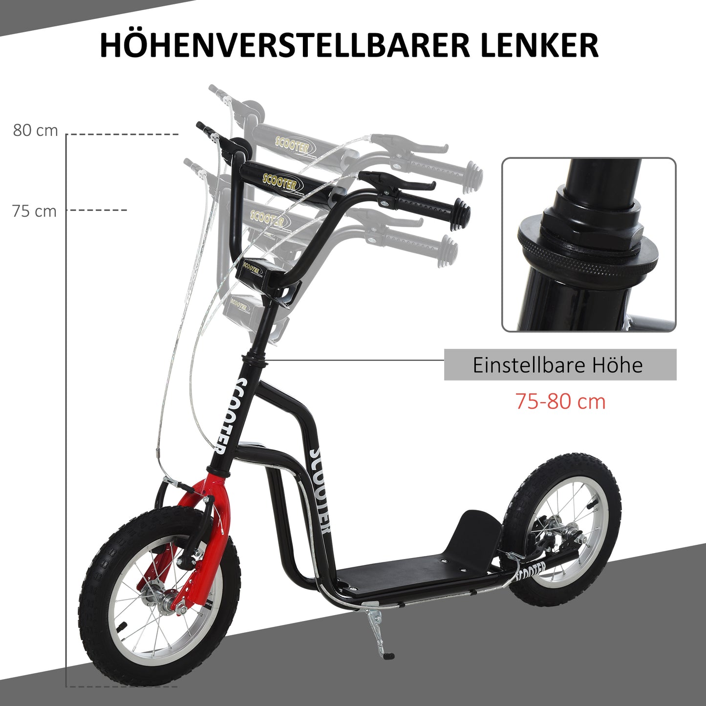 HOMCOM Kinderroller Lenker Verstellbar Scooter Tretroller Cityroller Kinder Roller Kickboard mit Luftreifen 12 Zoll ab 5 Jahre Schwarz 120 x 58 x 75-80 cm