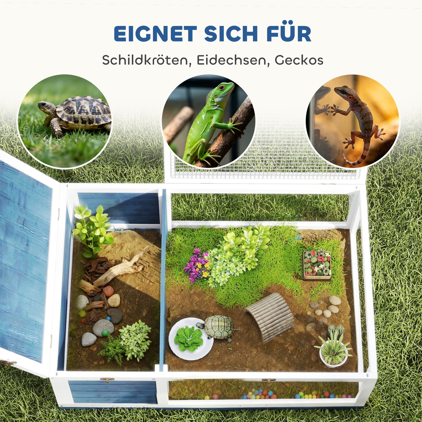 PawHut Schildkrötenhaus aus Holz Schildkrötengehege mit Haupthäusern aufklappbarem Oberseite 91x60,5x32 سم، أزرق