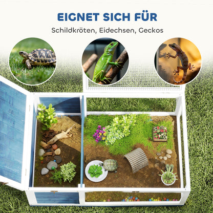 PawHut Schildkrötenhaus aus Holz Schildkrötengehege mit Haupthäusern aufklappbarem Oberseite 91x60,5x32 سم، أزرق