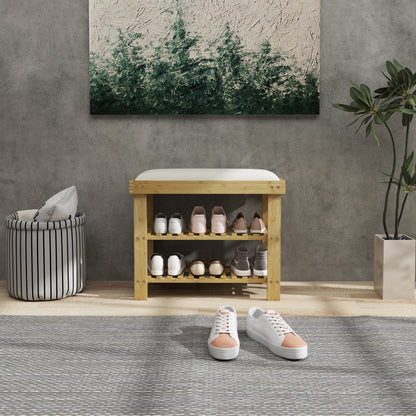 HOMCOM Schuhbank mit Sitzfläche, Bambus Sitzbank mit Stauraum, 2 offene Fächer, Sitzbank 60 x 29 x 49 cm Cremeweiß