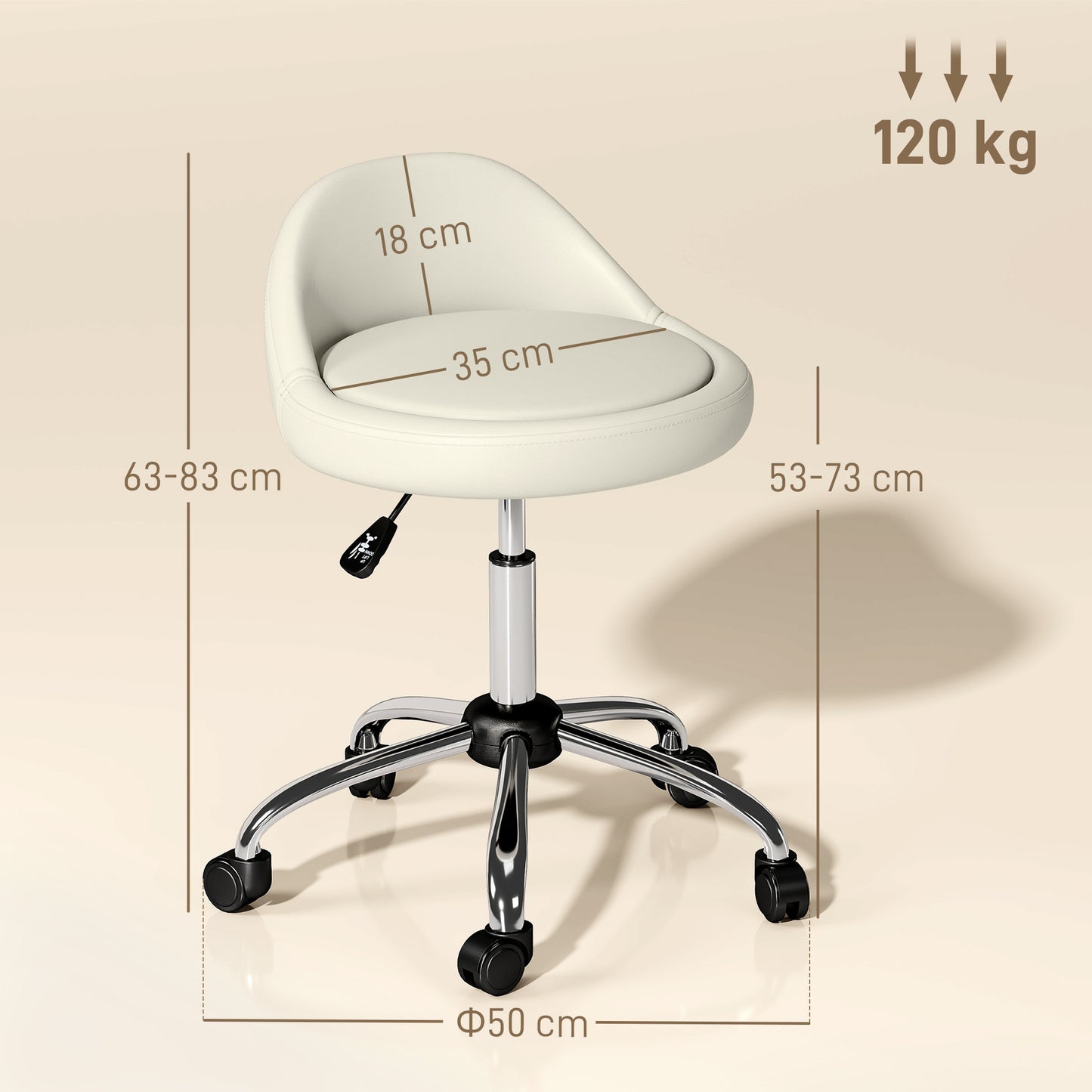 HOMCOM Arbeitshocker Drehhocker Rollhocker, höhenverstellbar, drehbare Sitzfläche, 50cm x 50 cm x 83 cm, Weiß