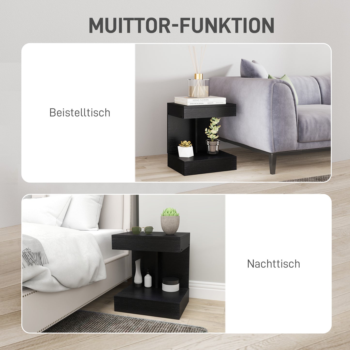 HOMCOM Nachttisch, Beistelltisch mit Schublade und Ablagefach, Moderner Sofatisch mit Regal für verschiedene Räume, Schwarz