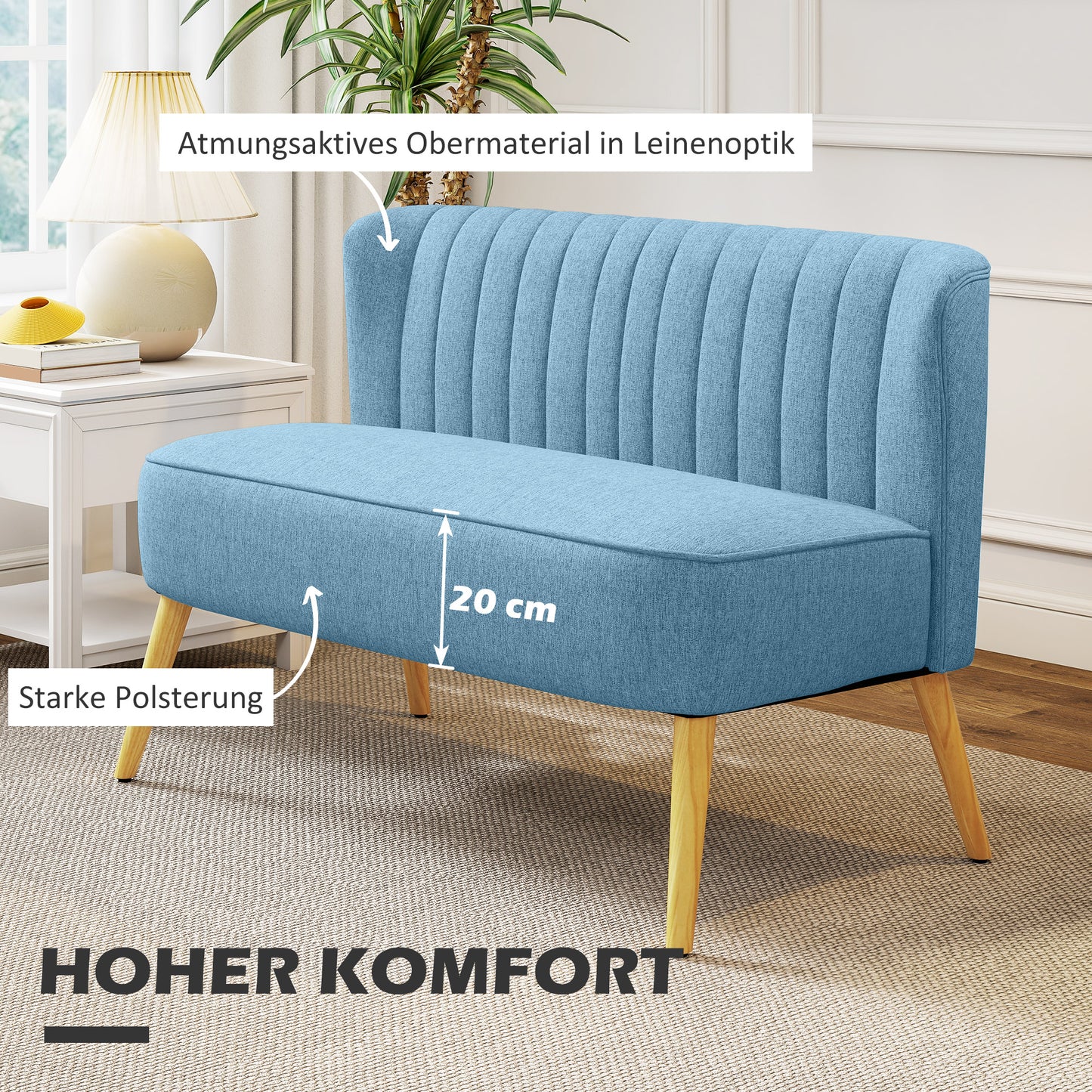 HOMCOM 2-sits soffa i retro-look, vädra polsterung, pflegeleichter Bezug, bis 150 kg, 117 x 56,5 x 77 cm, Blå