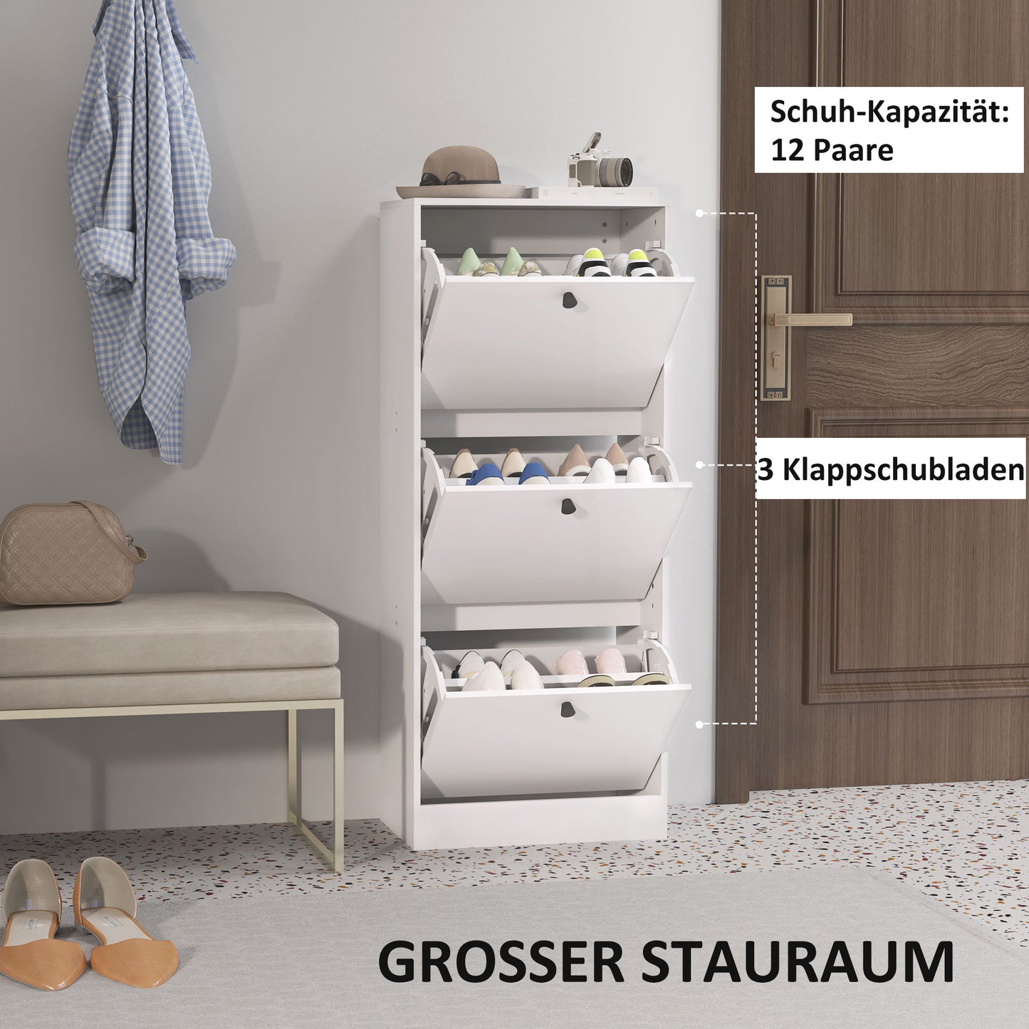 HOMCOM Schuhschrank, Schuhregal, 3 Klappfächer, verstellbar, Spanplatte, Weiß