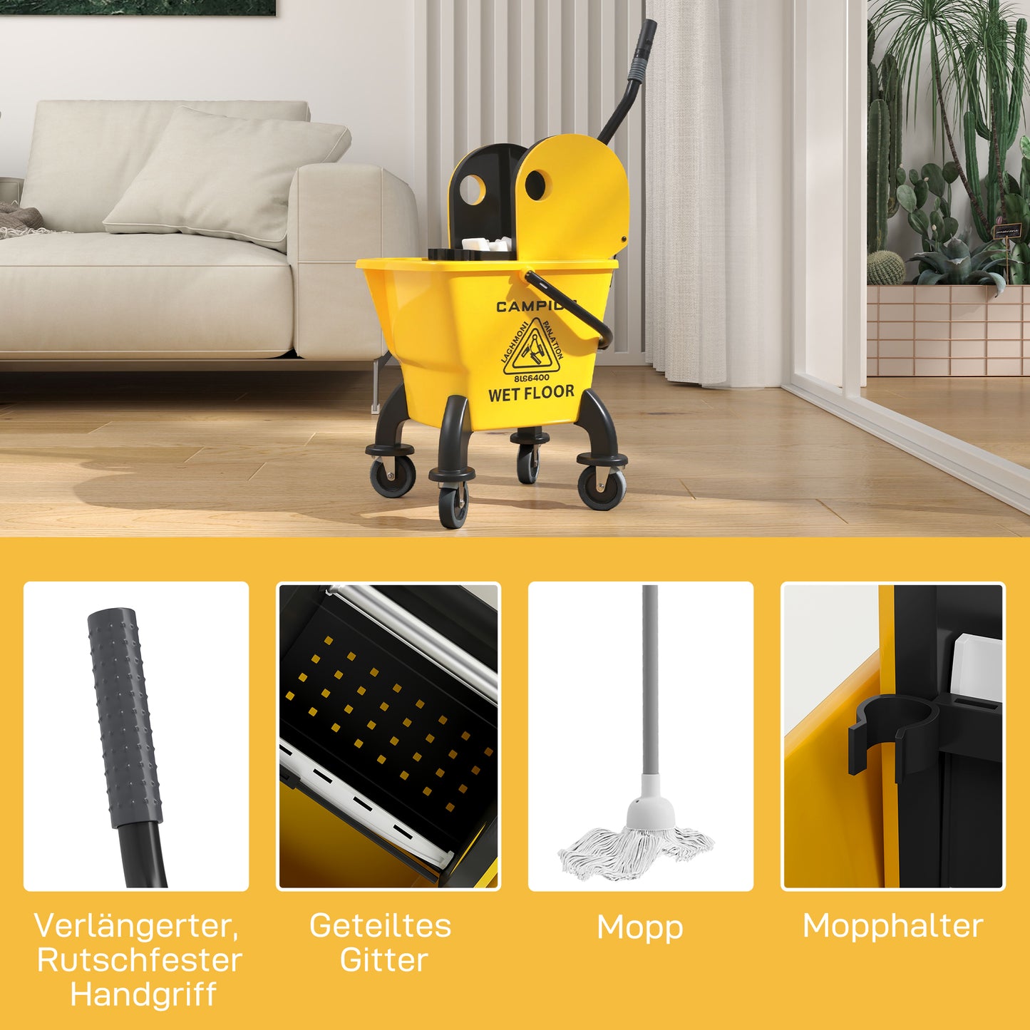 HOMCOM Rollbarer Mopp-Eimer، Wischeimer mit Auswringer und Mopp، 26 لتر، جيلب