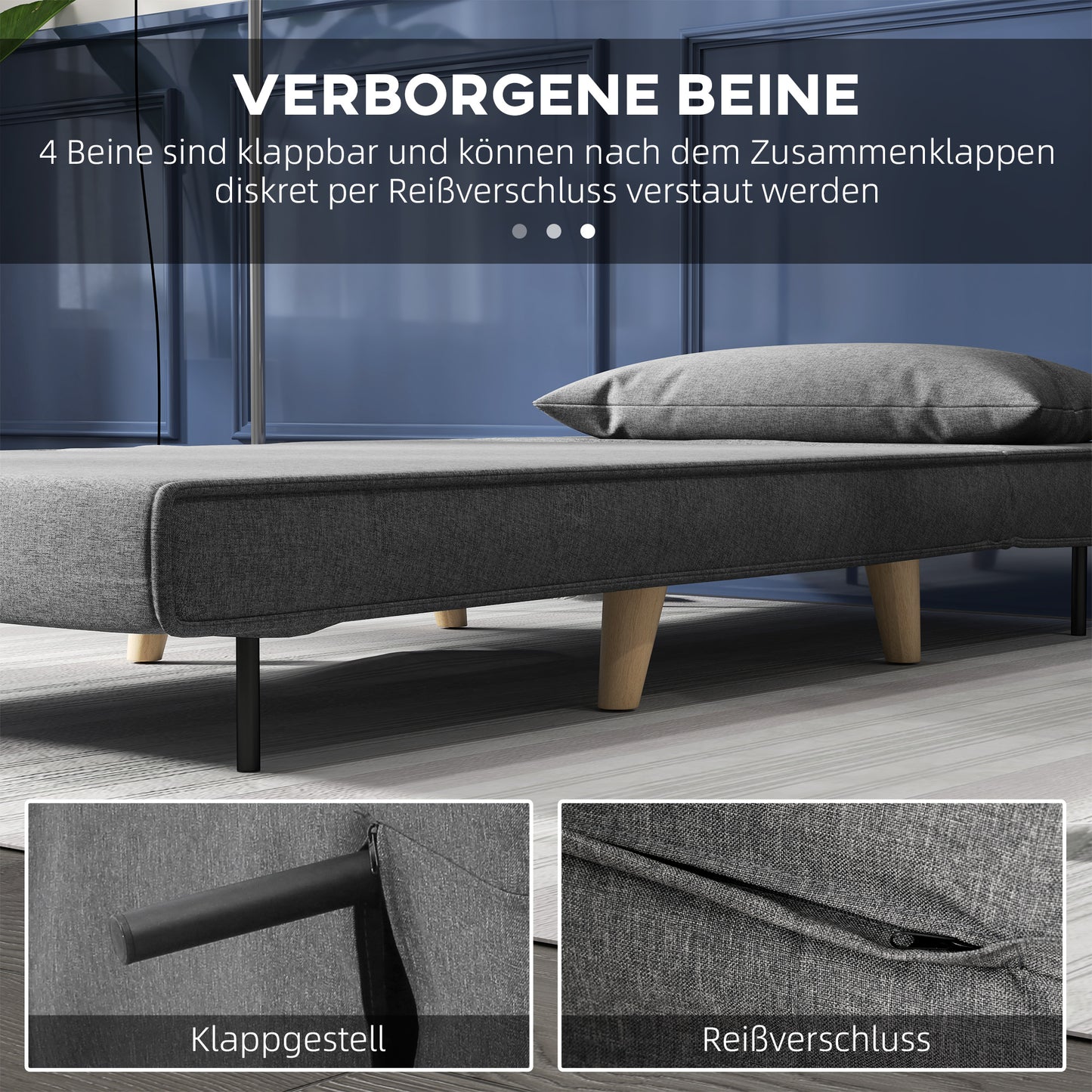 HOMCOM Einzelsofa Schlafsofa Sofabett Klappsofa verstellbar Rückenlehne Liege nordisch skandinavisch 25D Schaumstoff Haus Leinenimitat Tannenholz Grau 94 x 78 x 80 cm