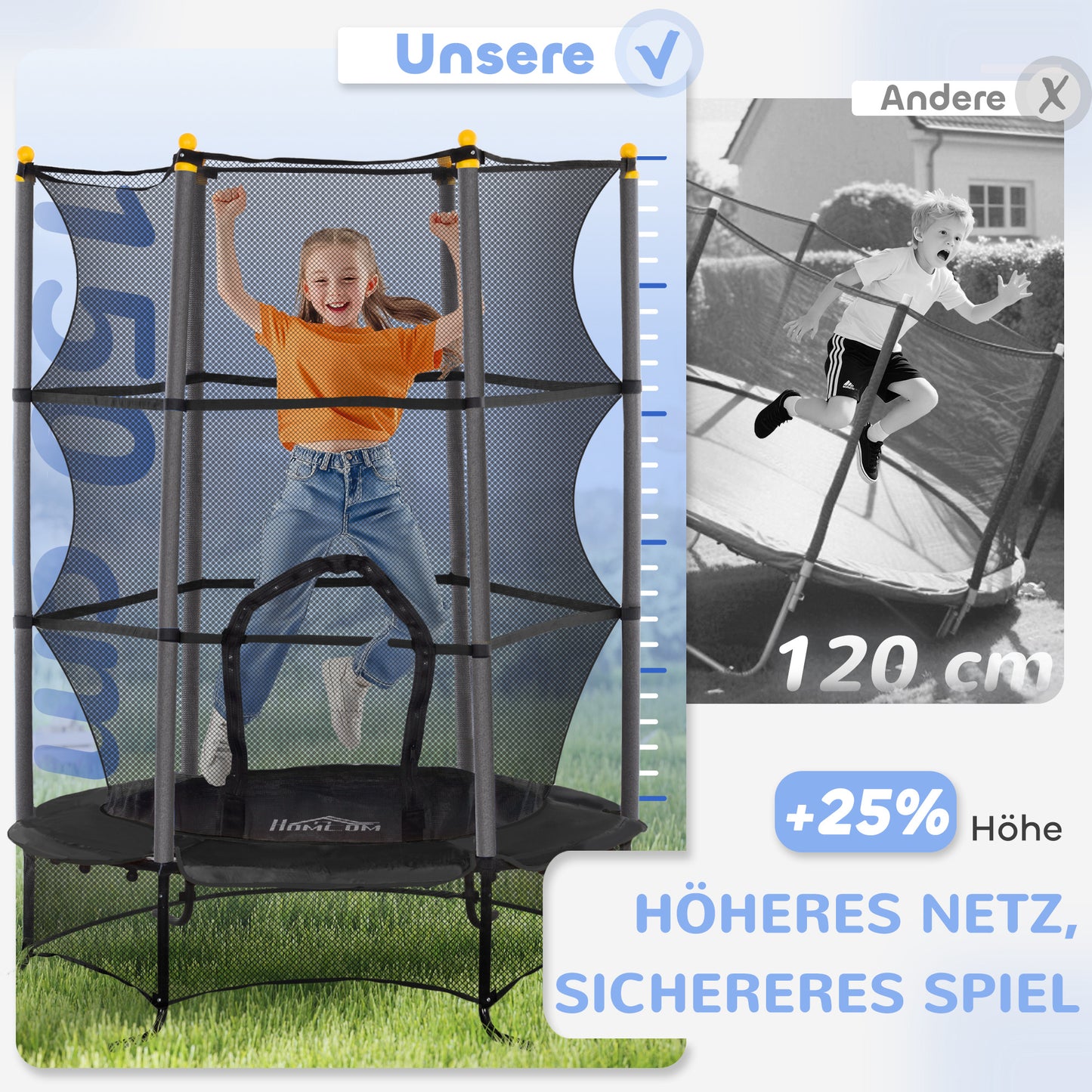 HOMCOM Trampolin für Kinder, Ø163 cm, mit Sicherheitsnetz, In- und Outdoor, Belastung bis 50 kg, Stahl, Kunststoff, Schwarz