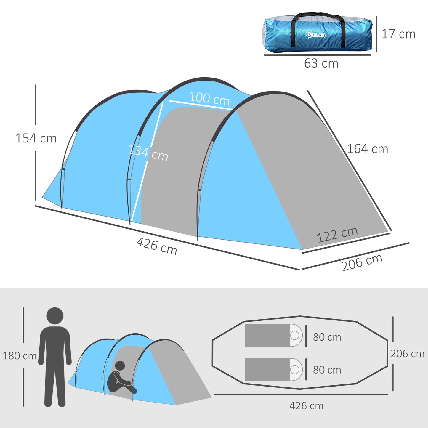 Outsunny Campingzelt, Wurfzelt für 2-3 Personen, Vorraum & Schlafbereich, wasserdicht, 426 x 206 x 154 cm, Hellblau