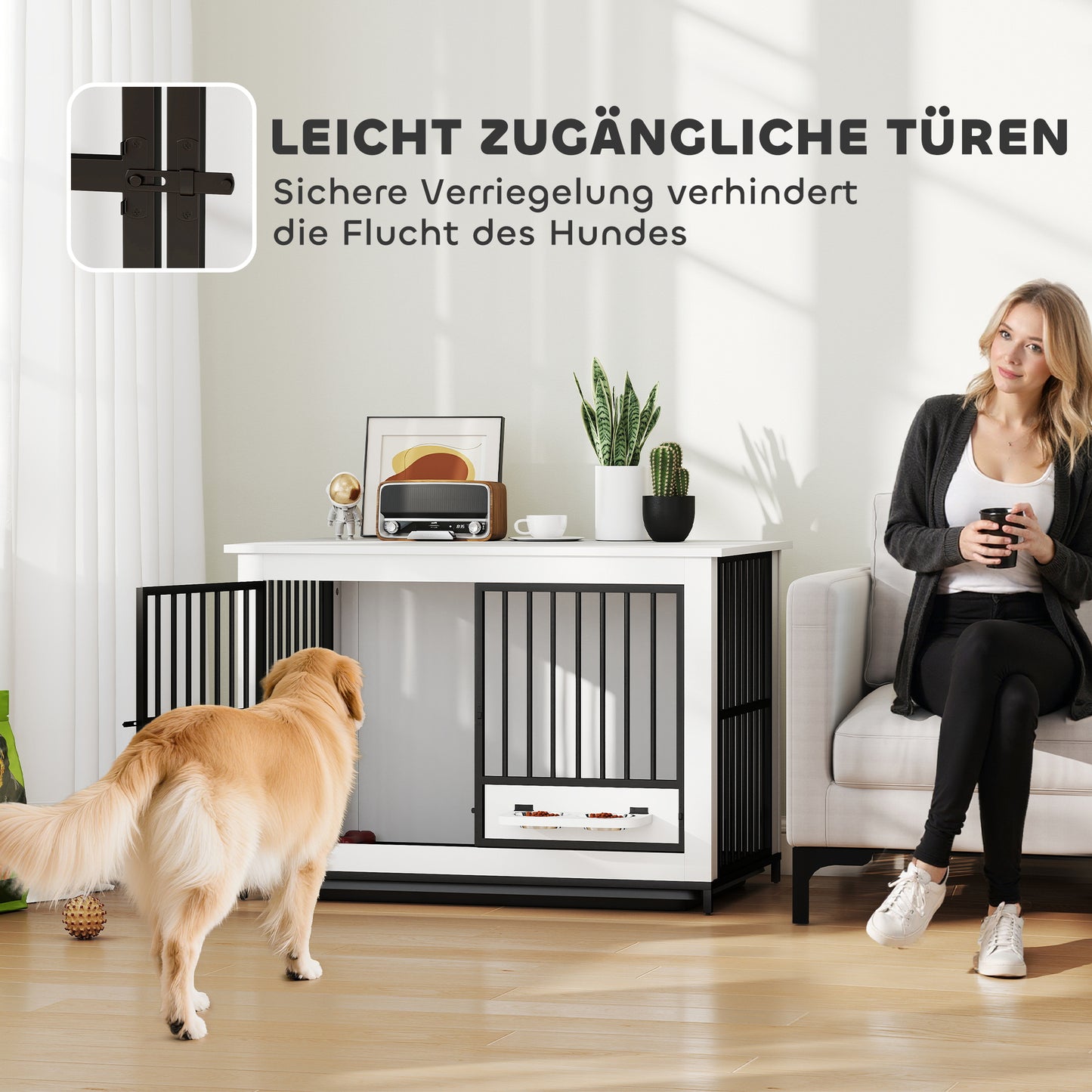 PawHut Große Hundebox, einfacher Zugang, verschließbar, drehbarer Schüsselhalter, für kleine und große Hunde, Weiß