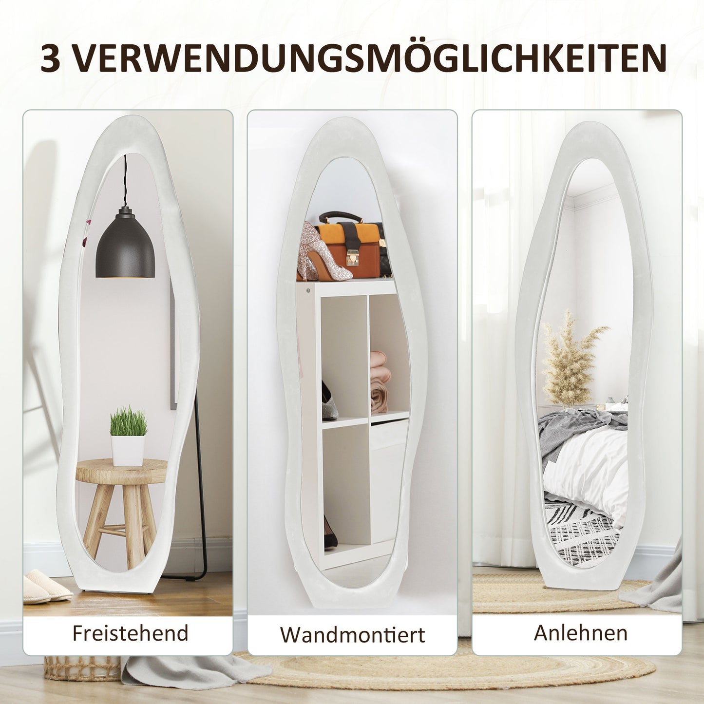 HOMCOM Ganzkörperspiegel, wellige Form, 160 x 50 cm, freistehend, samtartiger Rahmenbezug, Schlafzimmer, Wohnzimmer, Weiß