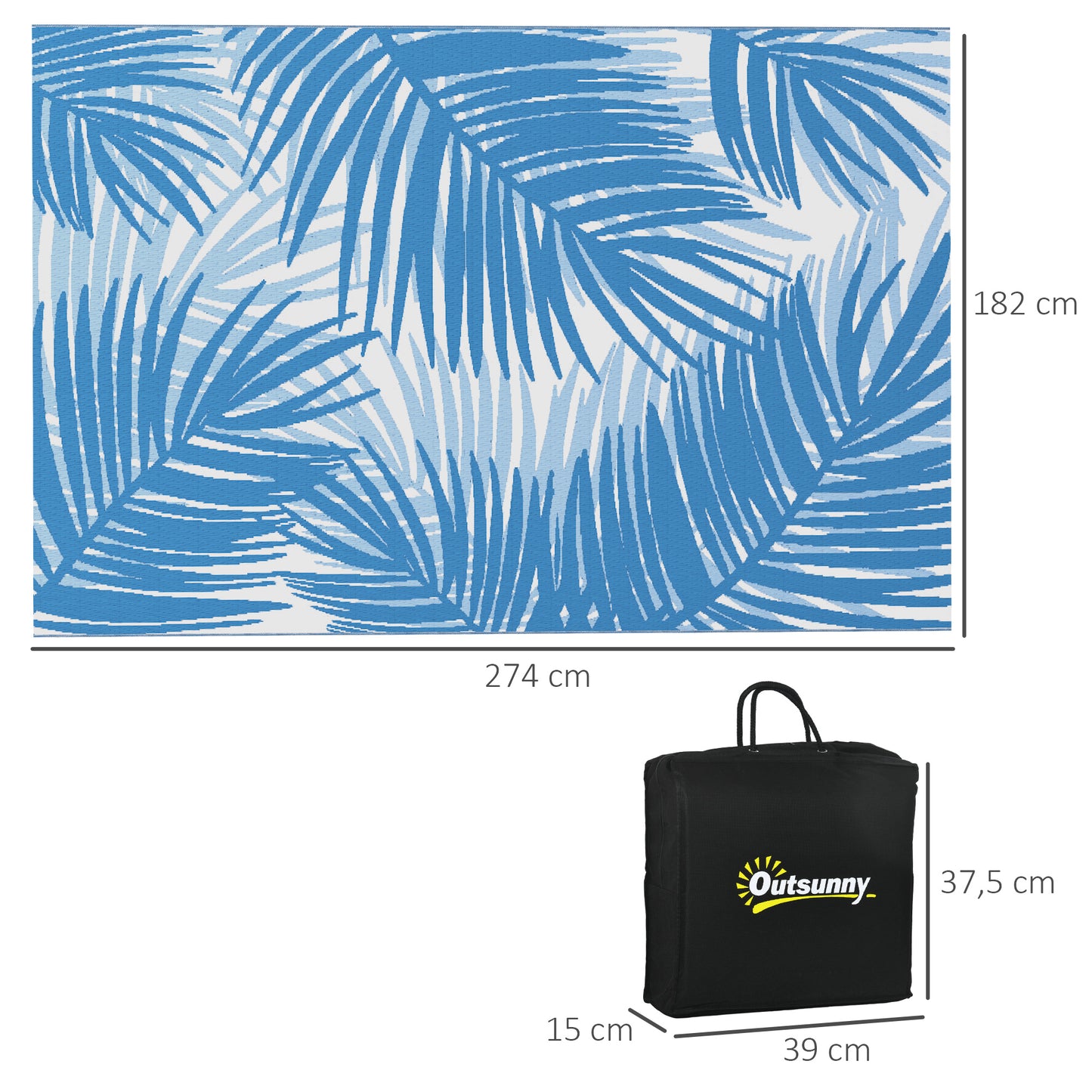 Outsunny Outdoor Wendeteppich, wasserfest, Blattmuster, 182x274cm, Blau/Creme