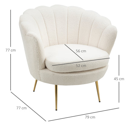 HOMCOM Polstersessel in Muschelform, Relaxsessel, Entspannungssessel, Metallbeine in Goldoptik, 79L x 77B x 77H cm, Weiß