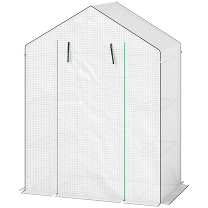 Outsunny Gewächshaus mit Regalen, Mini-Treibhaus, UV-beständig, Netzfenster, Reißverschlusstür, 143L x 74B x 190H cm, Weiß